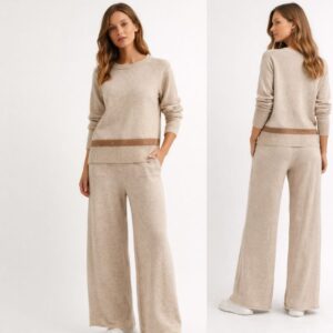 Bež trikotažni komplet sa širokim pantalonama