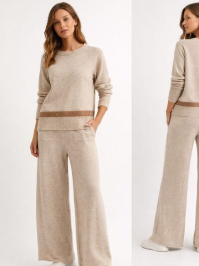 Bež trikotažni komplet sa širokim pantalonama